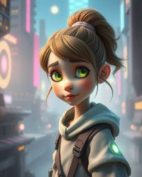Discover a captivating illustration of a young, soft-featured inventor girl in a futuristic city, rendered in a serene Pixar-