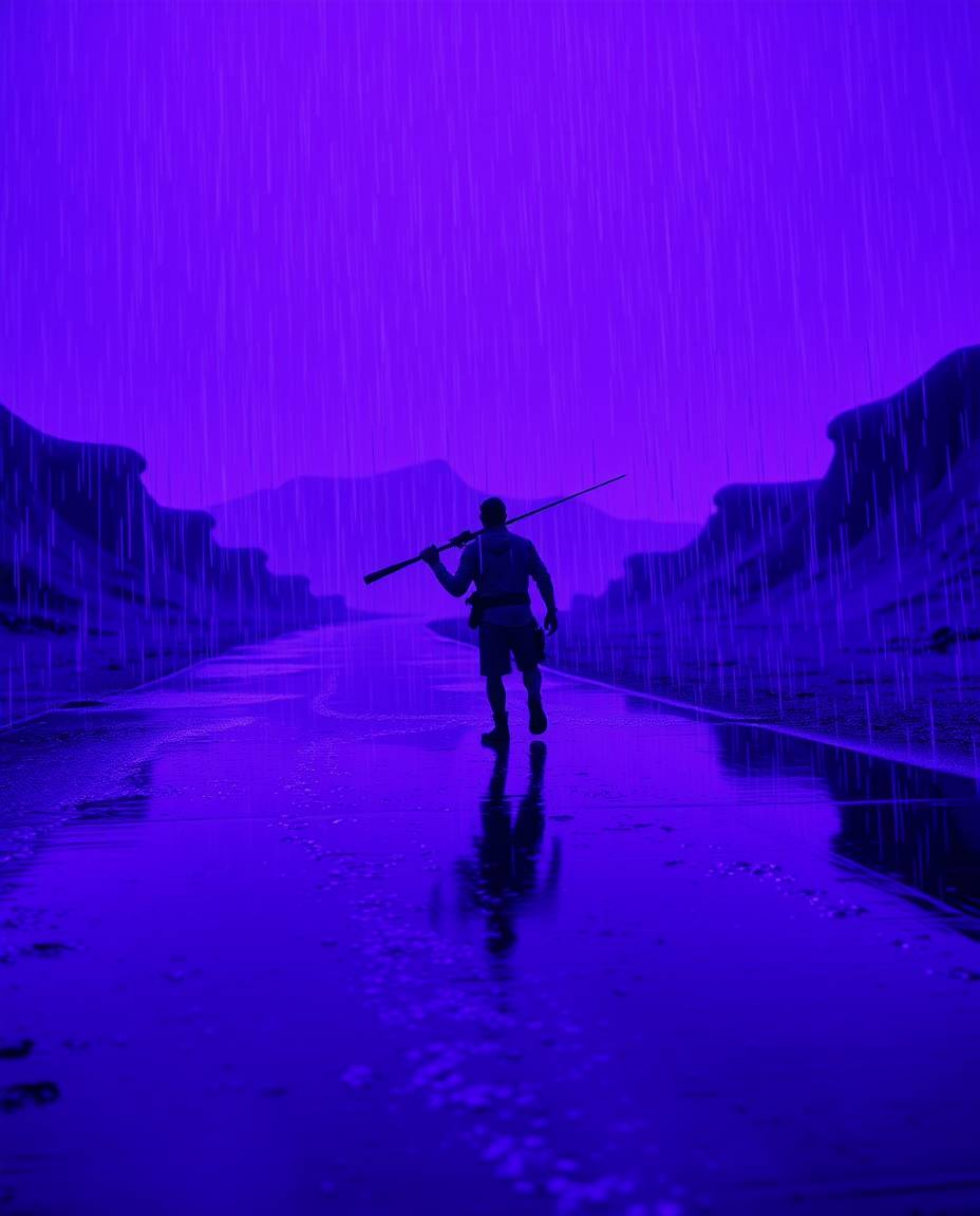 Immerse yourself in a world of deep ultraviolet hues and high contrast, where reflective surfaces gleam under a wet, rainy sc
