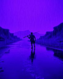 Immerse yourself in a world of deep ultraviolet hues and high contrast, where reflective surfaces gleam under a wet, rainy sc