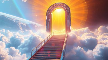Experience a futuristic vision of a heavenly gate floating above the clouds, bathed in golden light. Stairs ascend towards a