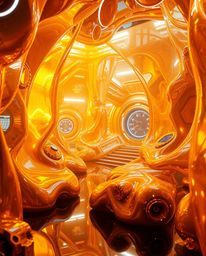 Immerse yourself in a futuristic sci-fi scene bathed in a warm golden glow, featuring surreal 3D fluid shapes resembling melt