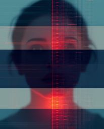 A captivating image depicts a human face morphing into a data stream through a digital glitch effect.  Rendered in a soft, dr