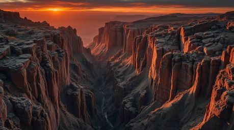 Experience the dramatic beauty of a rocky canyon at sunset. This image showcases a strong, moody style with hard light, low c