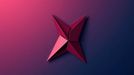 Intricate origami style artwork, rendered in rich burgundy and deep blue hues, stands out against an abstract gradient backgr