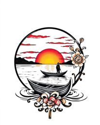 A classic black and white symbolic traditional tattoo art print of a boat drifting on a lake at sunset. This design is charac