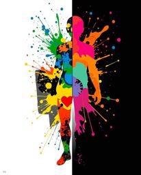 A striking piece of modern art showcases a human silhouette created from vibrant, colorful splash patterns.  The design utili