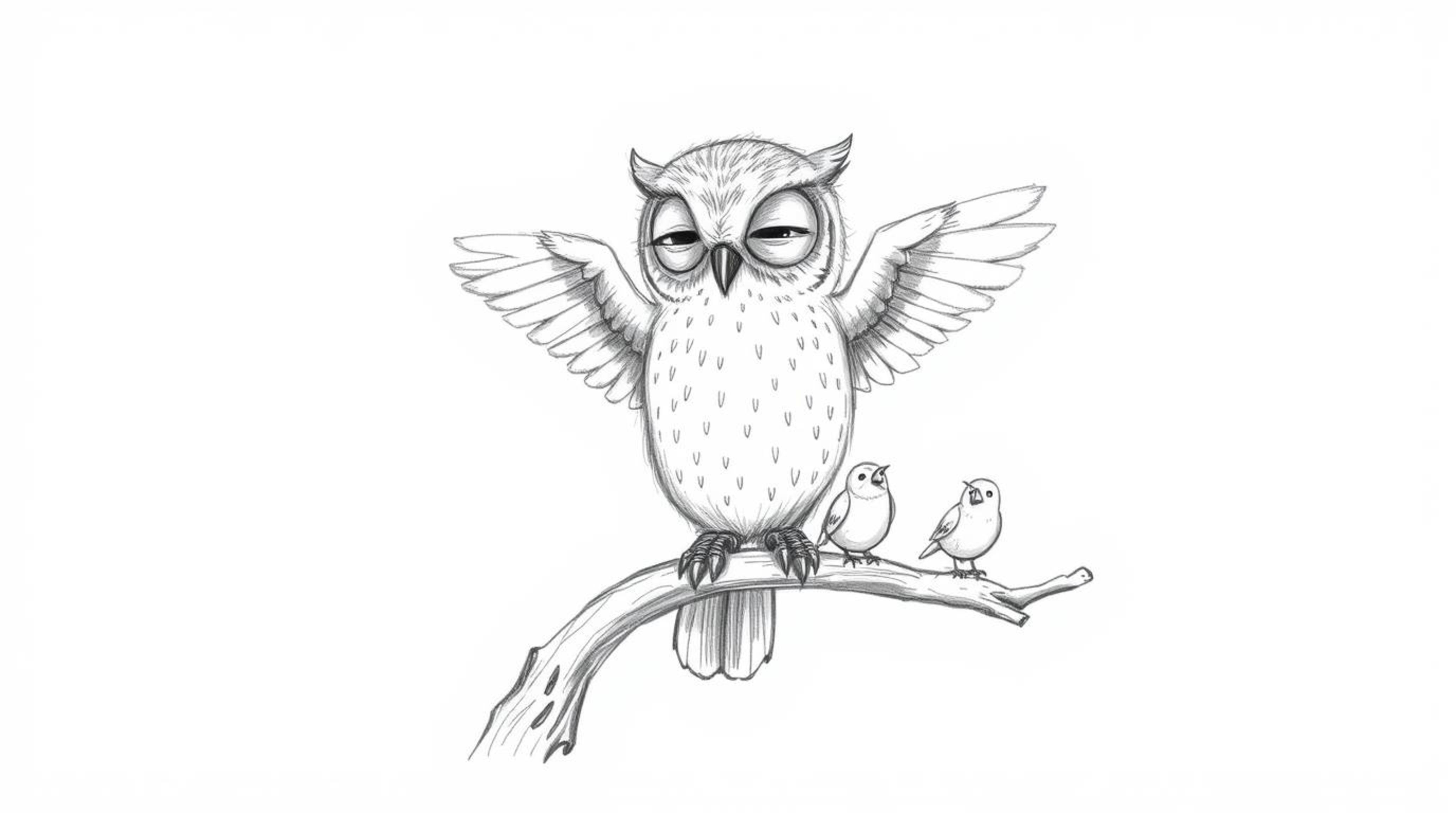 A heartwarming hand-drawn sketch, reminiscent of Pixar animation, portrays a wise, blind owl with incredibly soft, feathery d