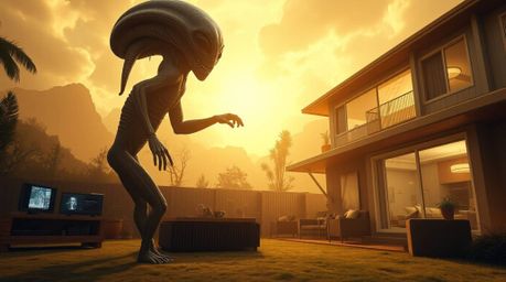 A captivating image depicting an alien residing in a modern suburban house. The scene is epic in scale, infused with heroic e