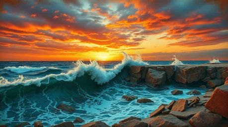 A stunning visual captures warm terracotta and cool teal cast bronze surface, reminiscent of waves crashing on cliffs beneath