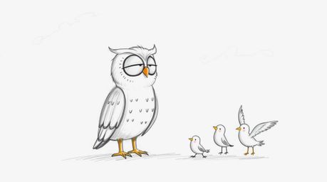 A whimsical, hand-drawn sketch in the style of Pixar animation depicts a blind owl with soft, expressive features patiently t