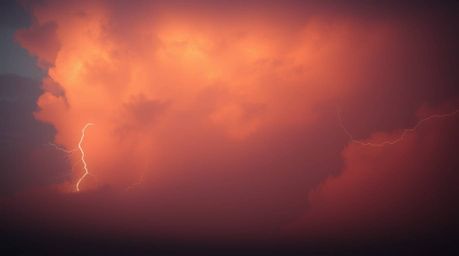 Experience a breathtaking cinematic scene of a thunderstorm at sunset.  Soft focus and a hazy background create a dreamy, eth