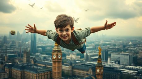 A captivating scene unfolds with a young boy, his light skin glowing faintly, soaring above a surreal London powered by magic