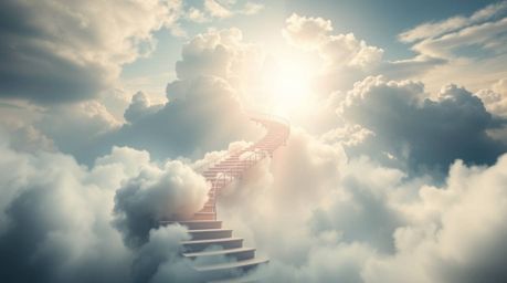 A surreal and dreamlike photograph depicts a winding stairway composed of smoke and light, gently ascending into a vast, clou