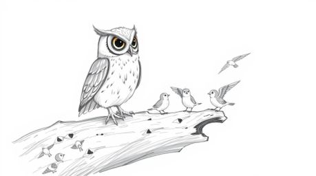 A heartwarming hand-drawn pencil sketch in the style of Pixar depicts a blind owl perched on a mossy log, patiently guiding f