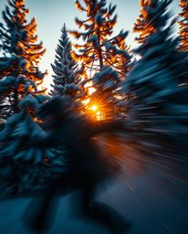 A dynamic motion shot captures the stunning scene of sunset light sparkling on snowy pine trees. This image is characterized 