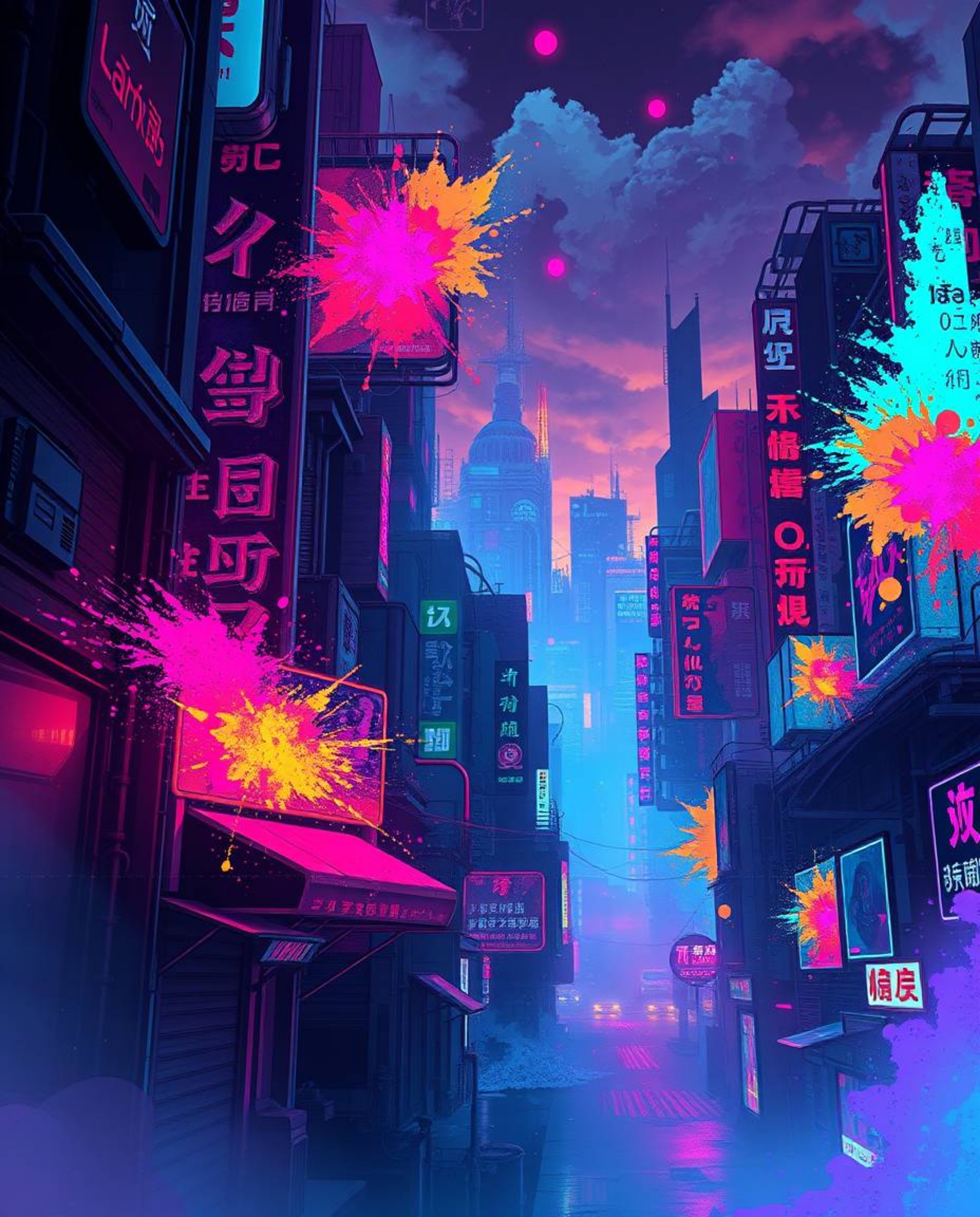 A captivating Isekai-inspired anime image showcases a futuristic cyberpunk cityscape bathed in vibrant, colorful neon splashe