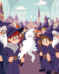 A modern flat design illustration showcases a magical school brimming with young wizards, brought to life in extreme macro cl