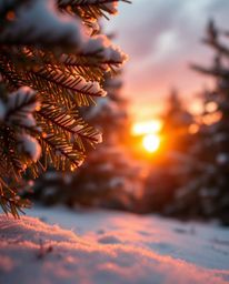 An extreme macro close-up photograph captures the intricate details of sunset light sparkling on snowy pine trees. Using warm