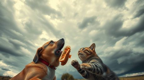 A captivating image depicts a high-angle view of a dog and cat engaged in a fierce battle over a large sandwich. The scene is
