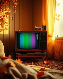 Experience a cinematic, dreamlike scene bathed in warm autumn hues.  A retro-style TV screen glitches with vibrant RGB separa