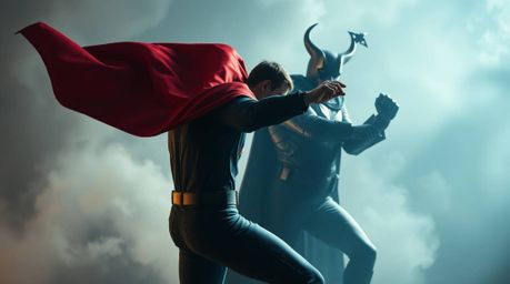 A high-resolution stock photo showcasing a dynamic battle between a superhero with a flowing cape and a comical villain. The 