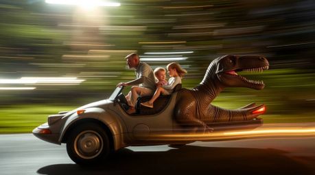 A captivating long-exposure photograph depicts a prehistoric family enjoying a thrilling ride in a dinosaur-shaped car.  The 