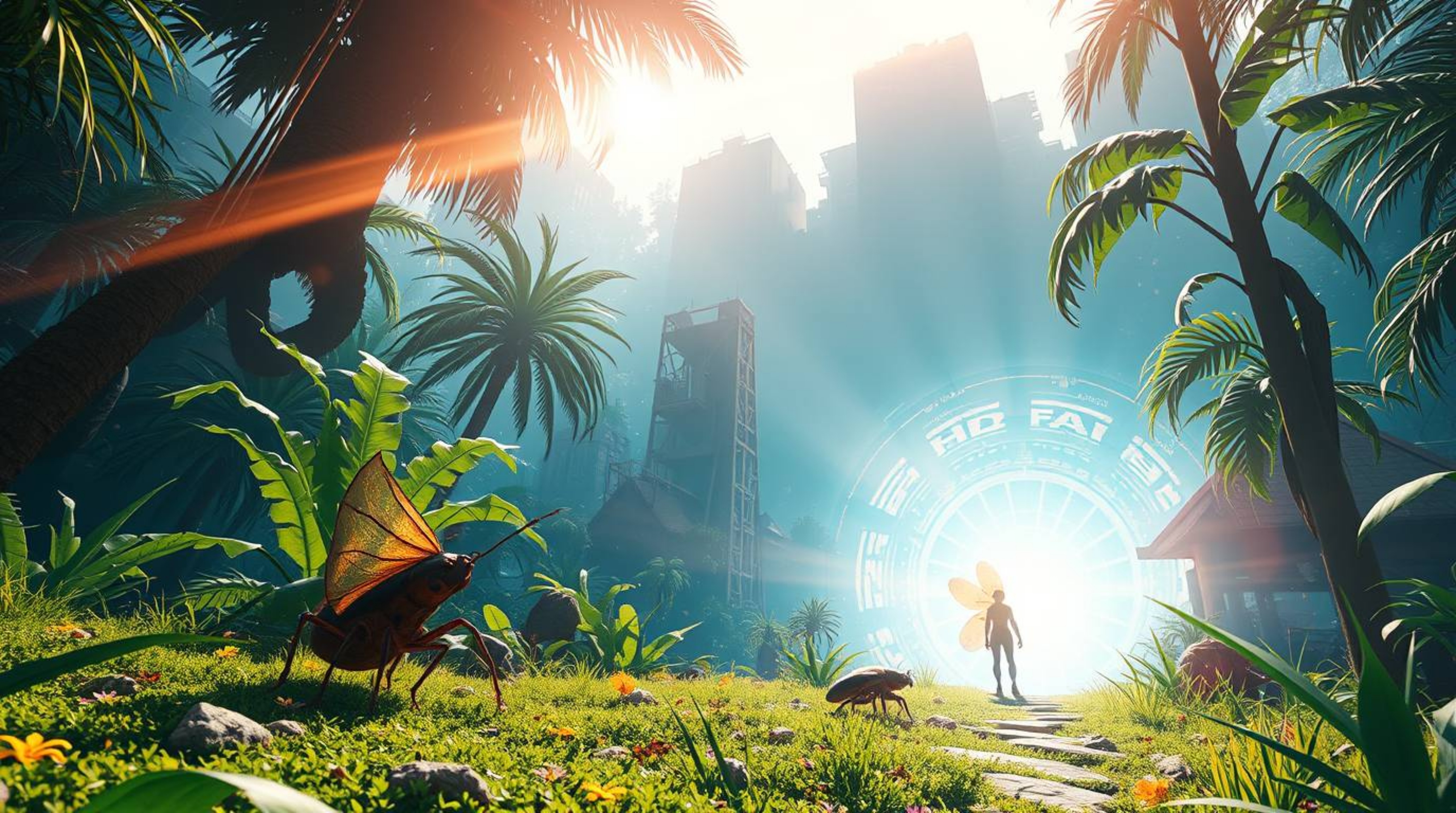 Embark on an epic adventure with a bug-sized hero navigating a vibrant, futuristic backyard jungle.  Experience dramatic lens