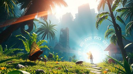 Embark on an epic adventure with a bug-sized hero navigating a vibrant, futuristic backyard jungle.  Experience dramatic lens