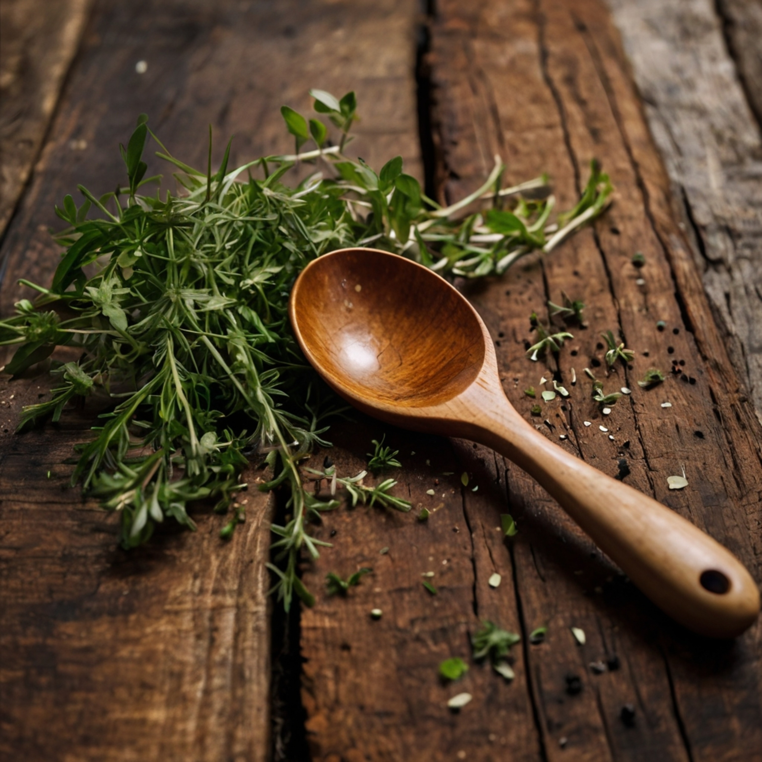 A beautifully hand-carved wooden spoon rests elegantly on a rustic chopping block, creating a charming scene.  Fresh herbs ar