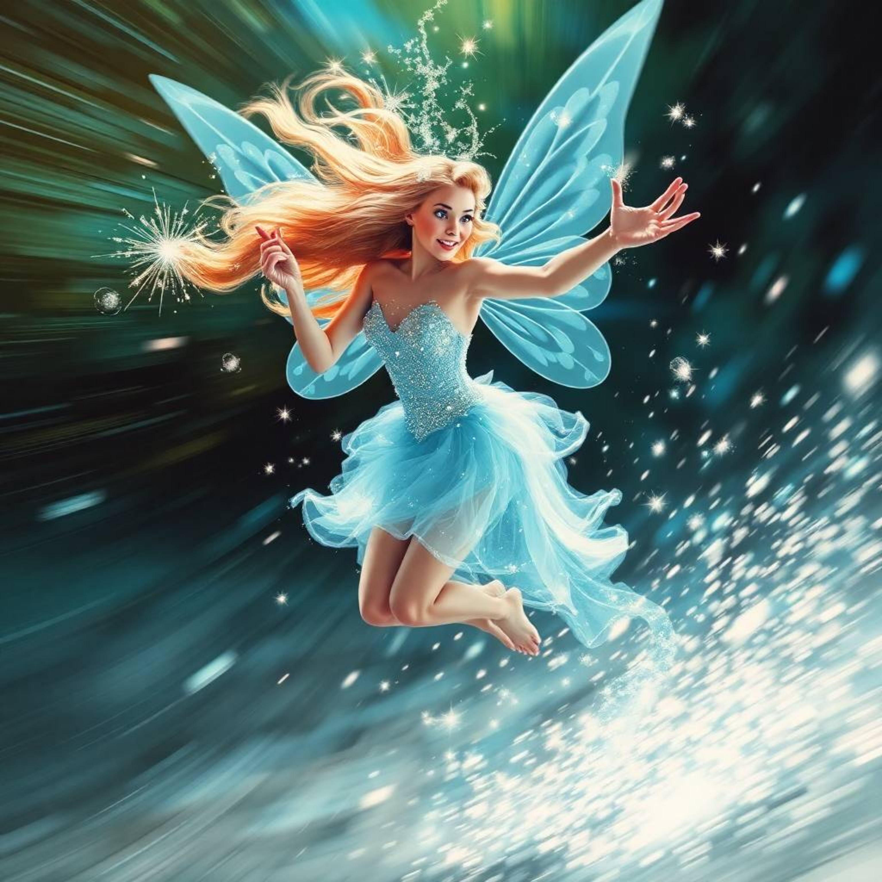 Experience the dynamic energy of a fairy godmother appearing in a swirl of sparkles, captured with blurred lines and captivat