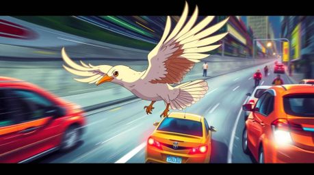 Experience a high-angle Isekai anime style depiction of a swift bird darting past bustling traffic. The composition bursts wi