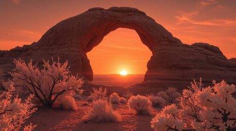 Experience a breathtaking surreal scene with this infrared photograph capturing a desert sunset framed by a natural rock arch