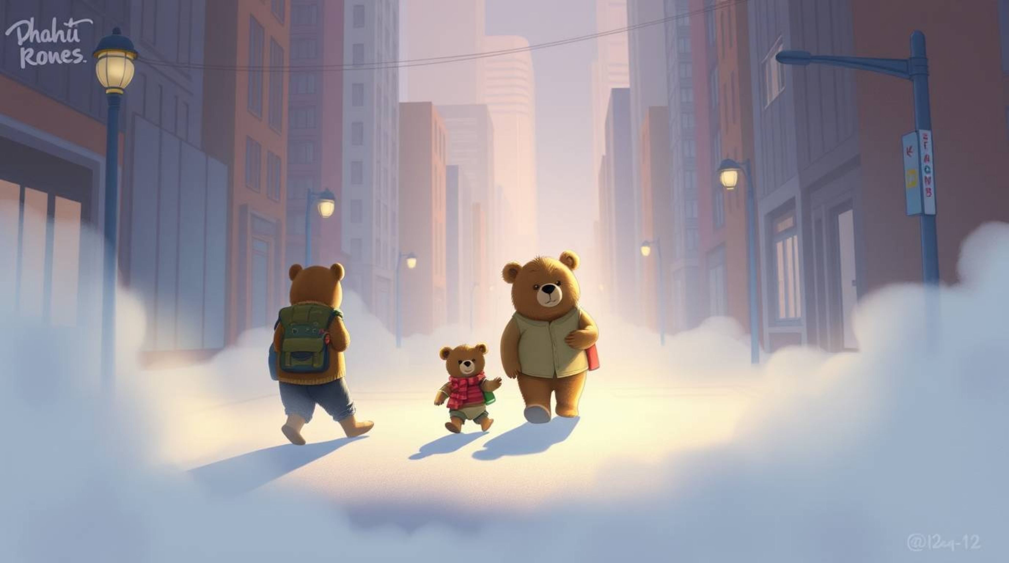 A whimsical and surreal illustration depicts a bear family embarking on an unexpected urban adventure. Rendered in soft paste