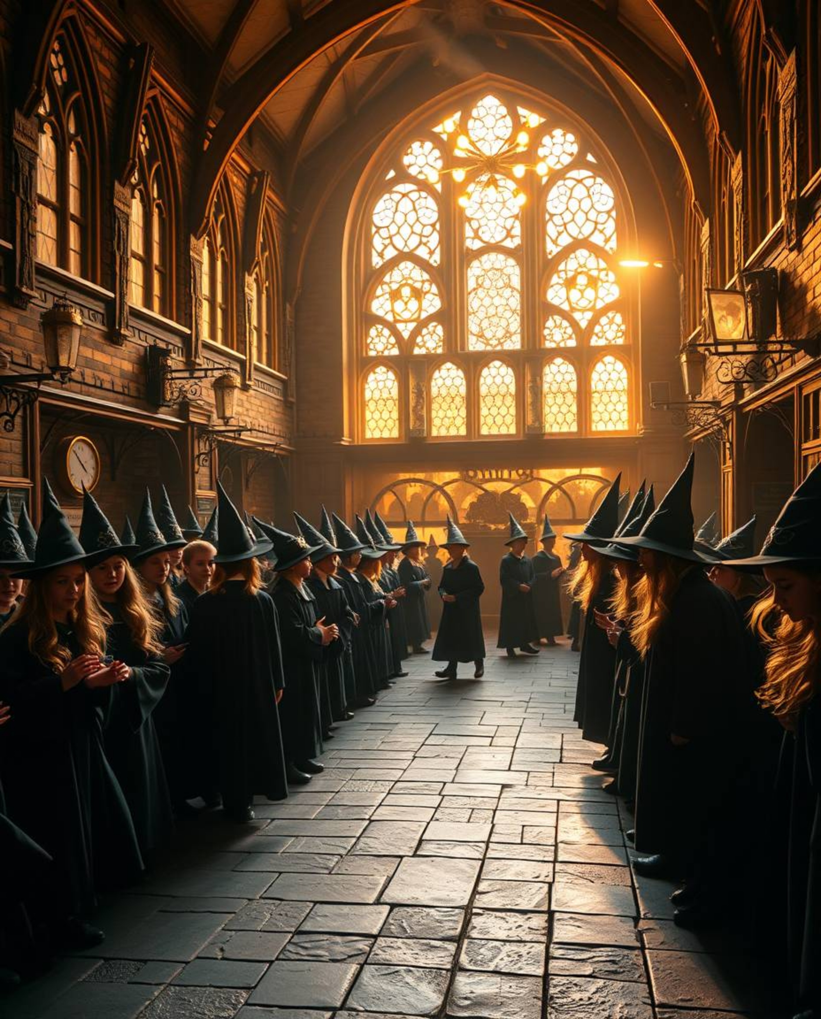 Capture the enchanting atmosphere of a magical school brimming with young wizards, bathed in the warm, golden light of either