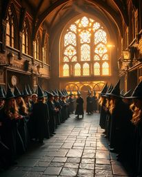 Capture the enchanting atmosphere of a magical school brimming with young wizards, bathed in the warm, golden light of either