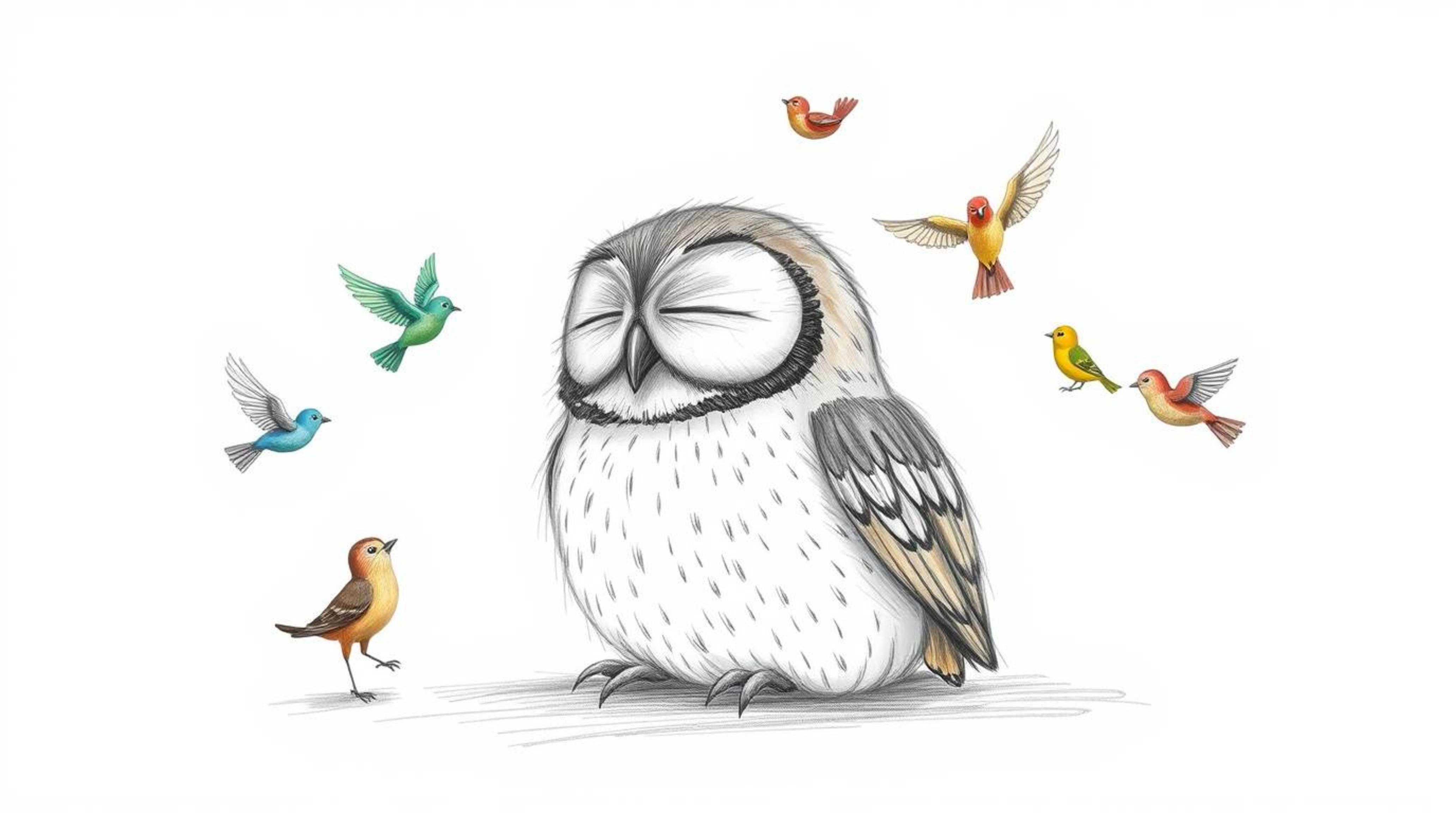 A heartwarming Pixar-style hand-drawn sketch depicts a serene, blind owl resting peacefully against a plain white background.