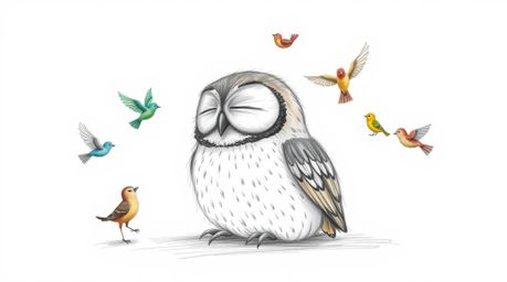A heartwarming Pixar-style hand-drawn sketch depicts a serene, blind owl resting peacefully against a plain white background.