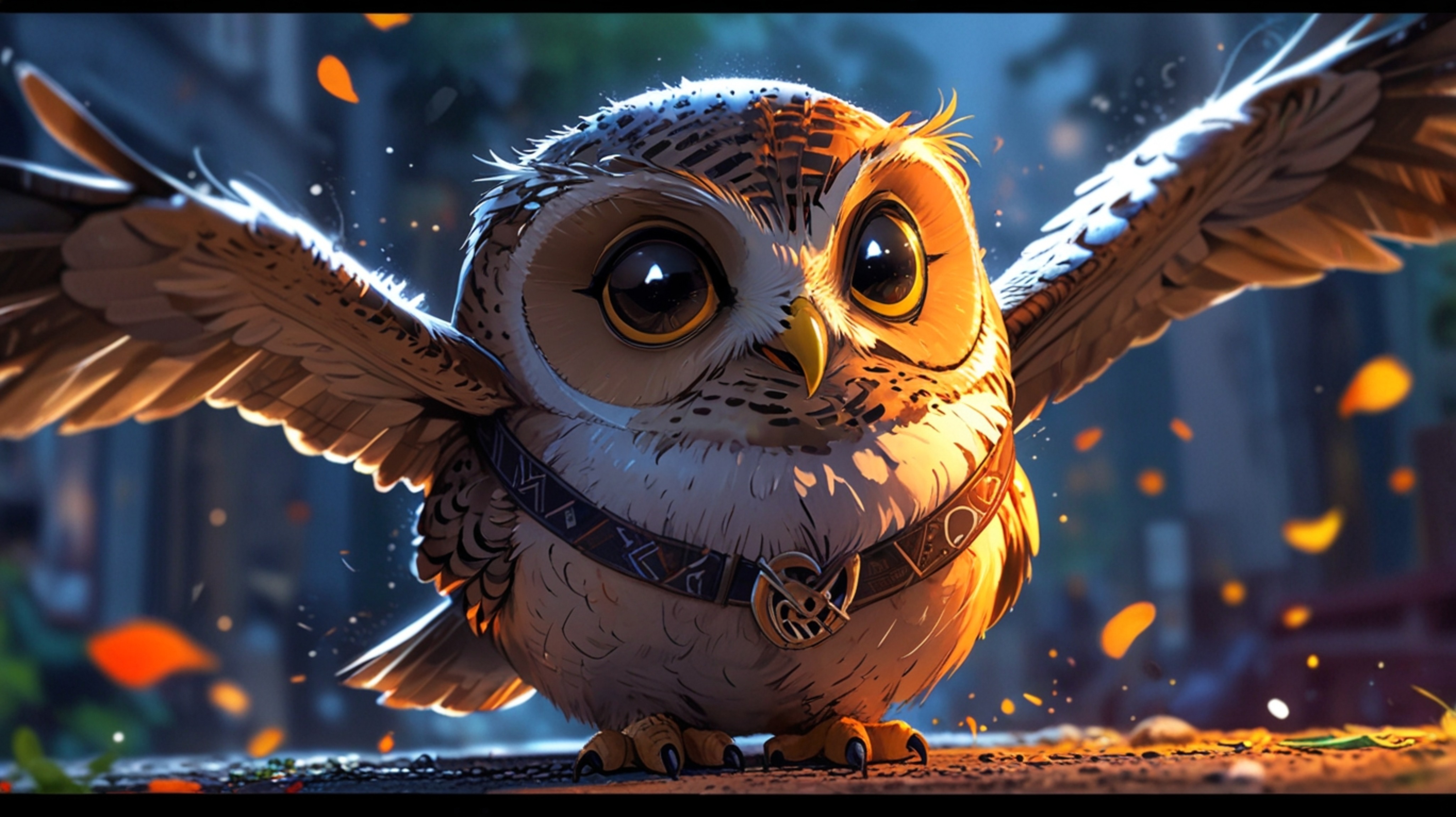 In a whimsical and charming scene, rendered in a delightful blend of Pixar and anime styles, a wise blind owl is ready for it
