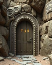 An ancient stone doorway, etched with glowing runes and nestled into a majestic mountainside, captures the imagination. Rende