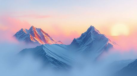 A captivating digital sketch showcases snow-covered mountains bathed in the warm glow of a pastel sunset.  The scene is imbue