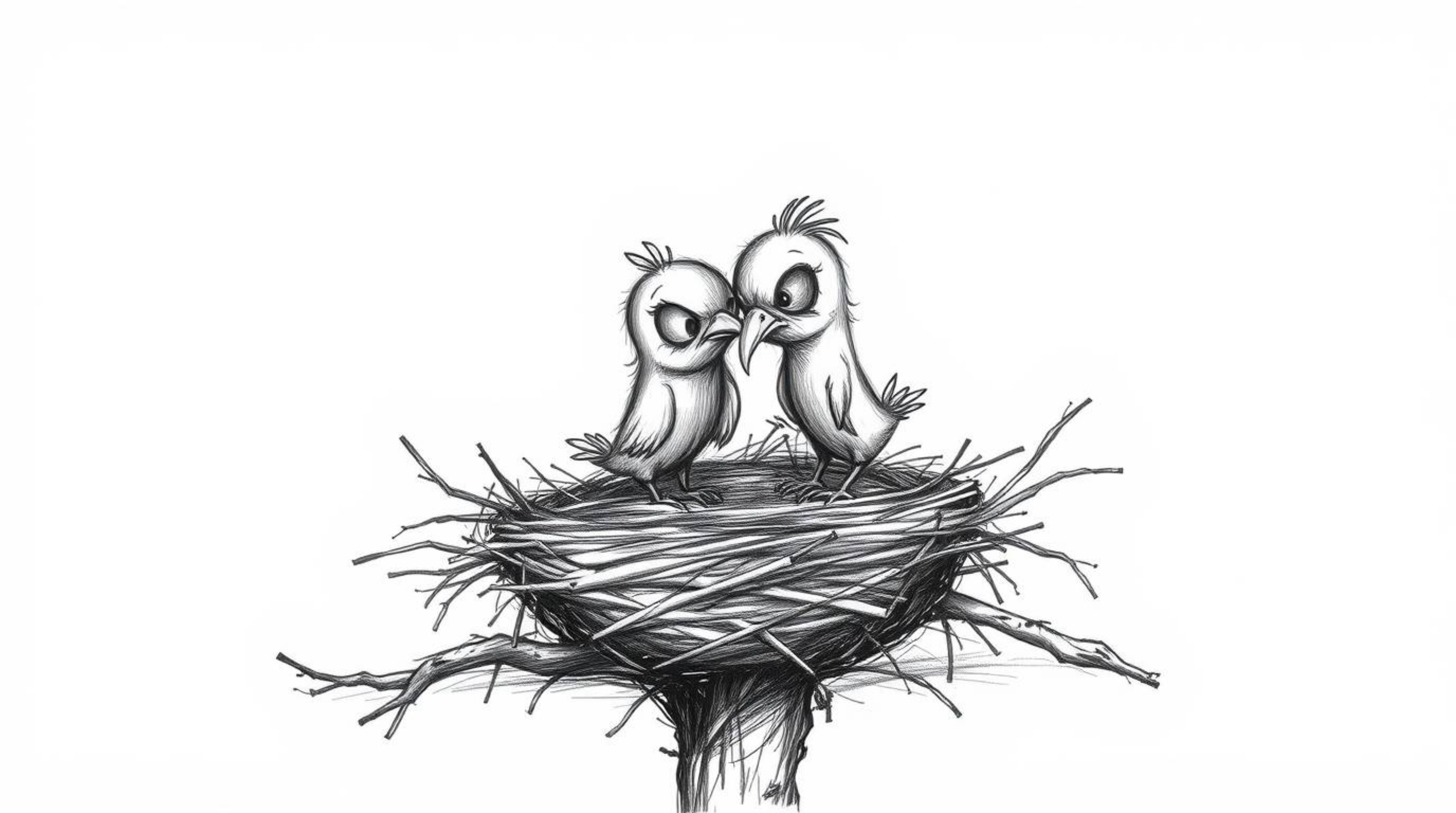 Discover a captivating hand-drawn animation depicting two cartoon birds building a nest. The eerie, creepy atmosphere is enh