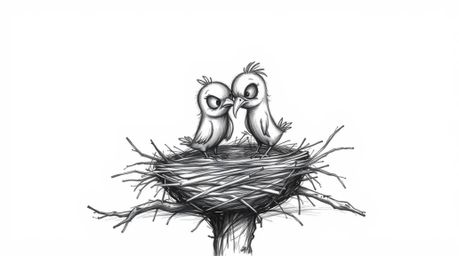 Discover a captivating hand-drawn animation depicting two cartoon birds building a nest. The eerie, creepy atmosphere is enh