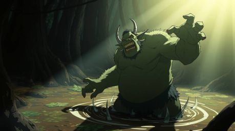 This image captures an ogre dancing in a swamp with a distinct isekai anime style. The scene is illuminated by strong, hard l
