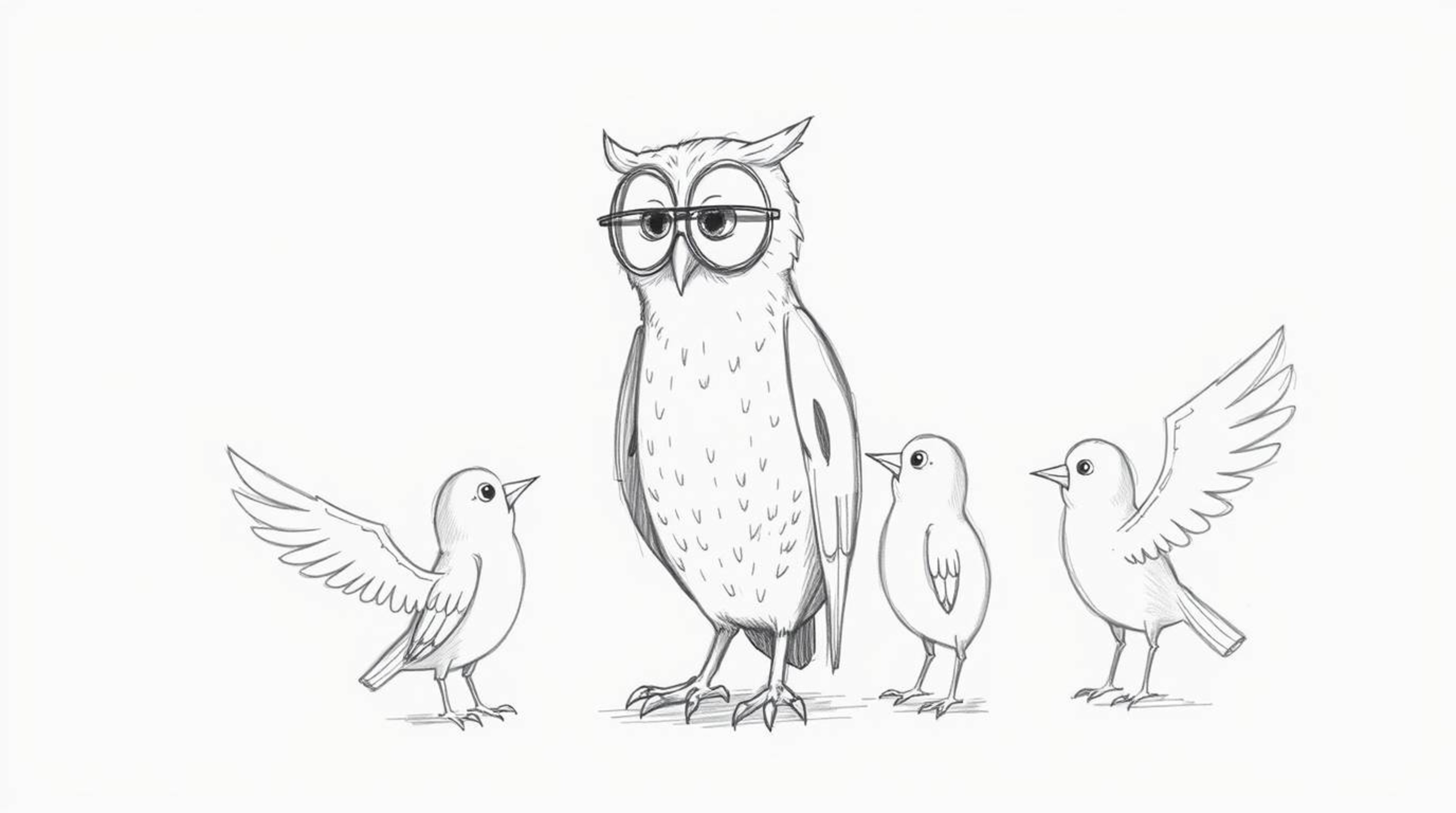 A heartwarming hand-drawn sketch showcases a blind owl patiently guiding birds, reminiscent of Pixar animation. The birds, in