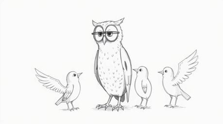 A heartwarming hand-drawn sketch showcases a blind owl patiently guiding birds, reminiscent of Pixar animation. The birds, in