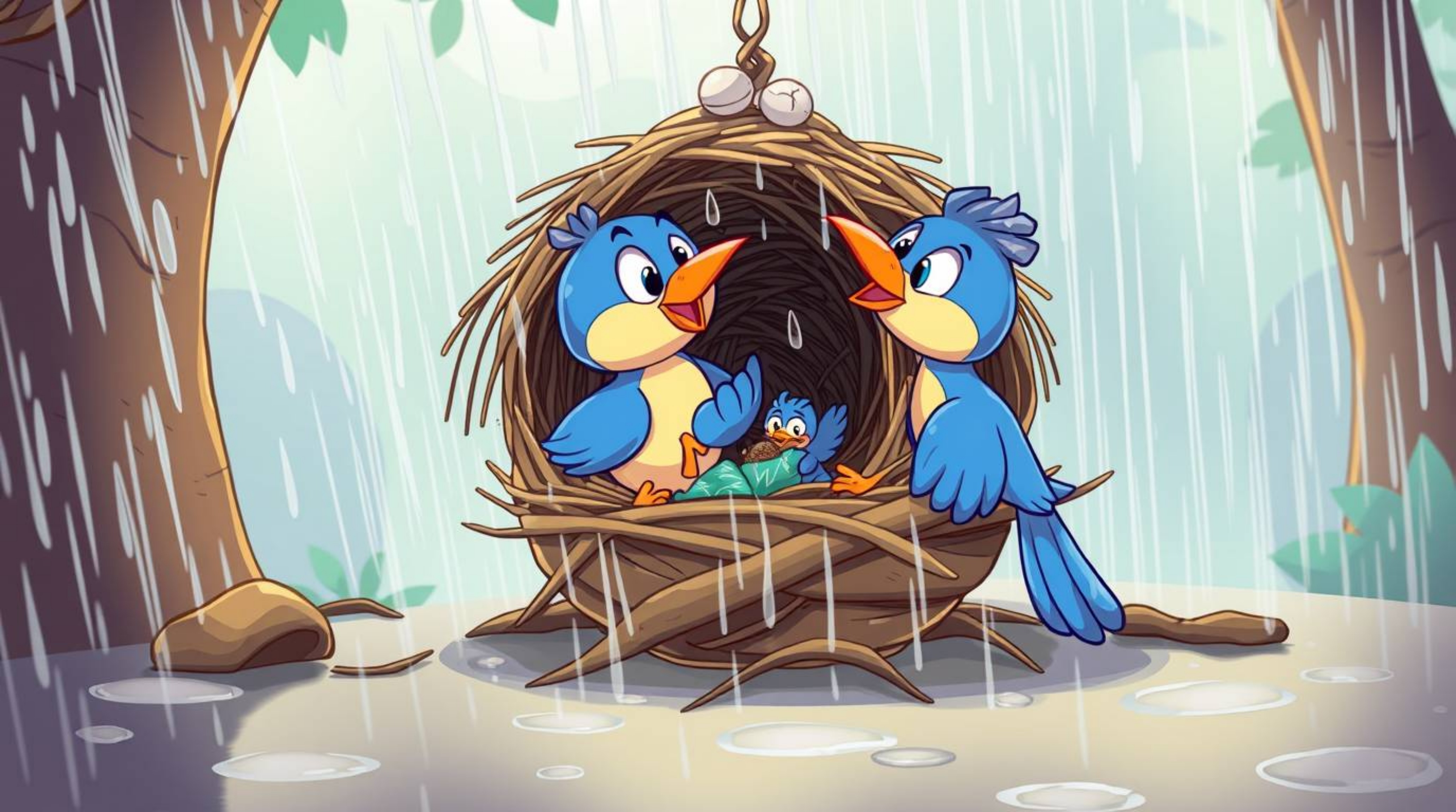 This vibrant cartoon scene depicts two animated birds diligently building a nest amidst a wet and rainy environment. The clas
