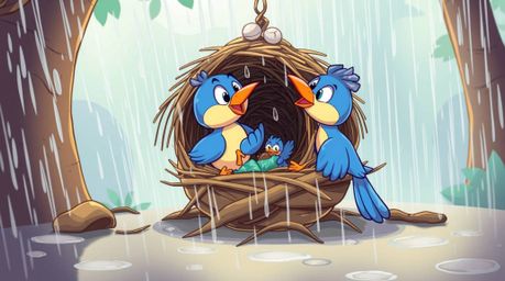 This vibrant cartoon scene depicts two animated birds diligently building a nest amidst a wet and rainy environment. The clas