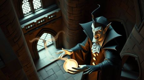 A captivating high-angle shot showcases a classic Disney villain, rendered in intricate origami style, casting a spell within