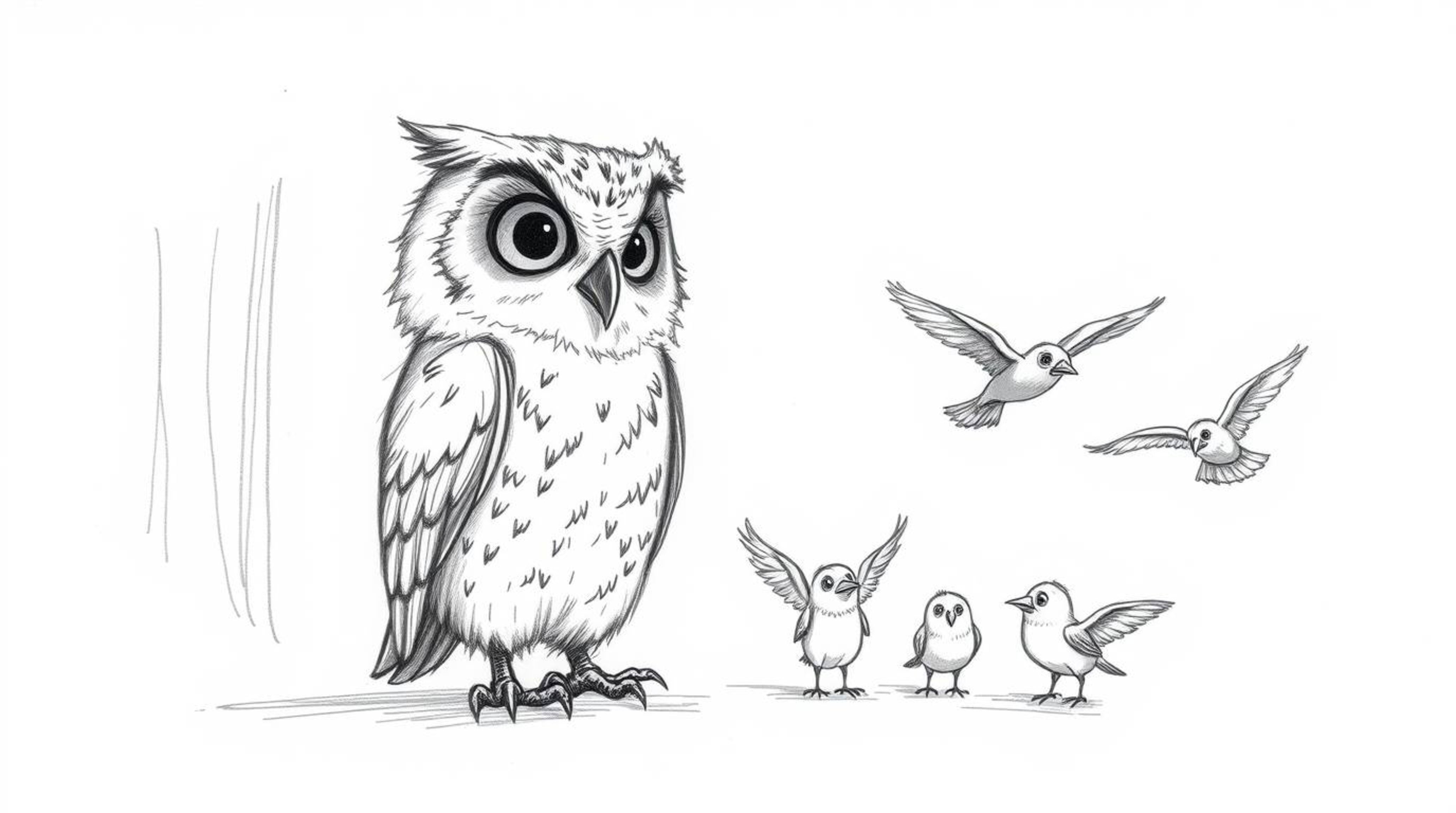 A heartwarming hand-drawn sketch in the style of Pixar depicts a wise, blind owl patiently teaching a flock of birds to fly. 