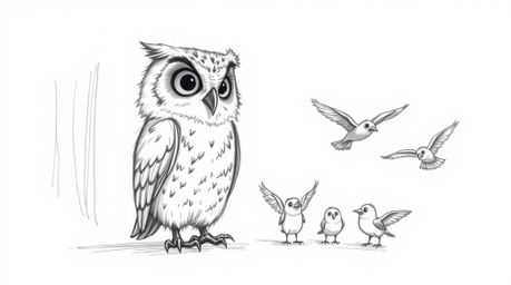 A heartwarming hand-drawn sketch in the style of Pixar depicts a wise, blind owl patiently teaching a flock of birds to fly. 